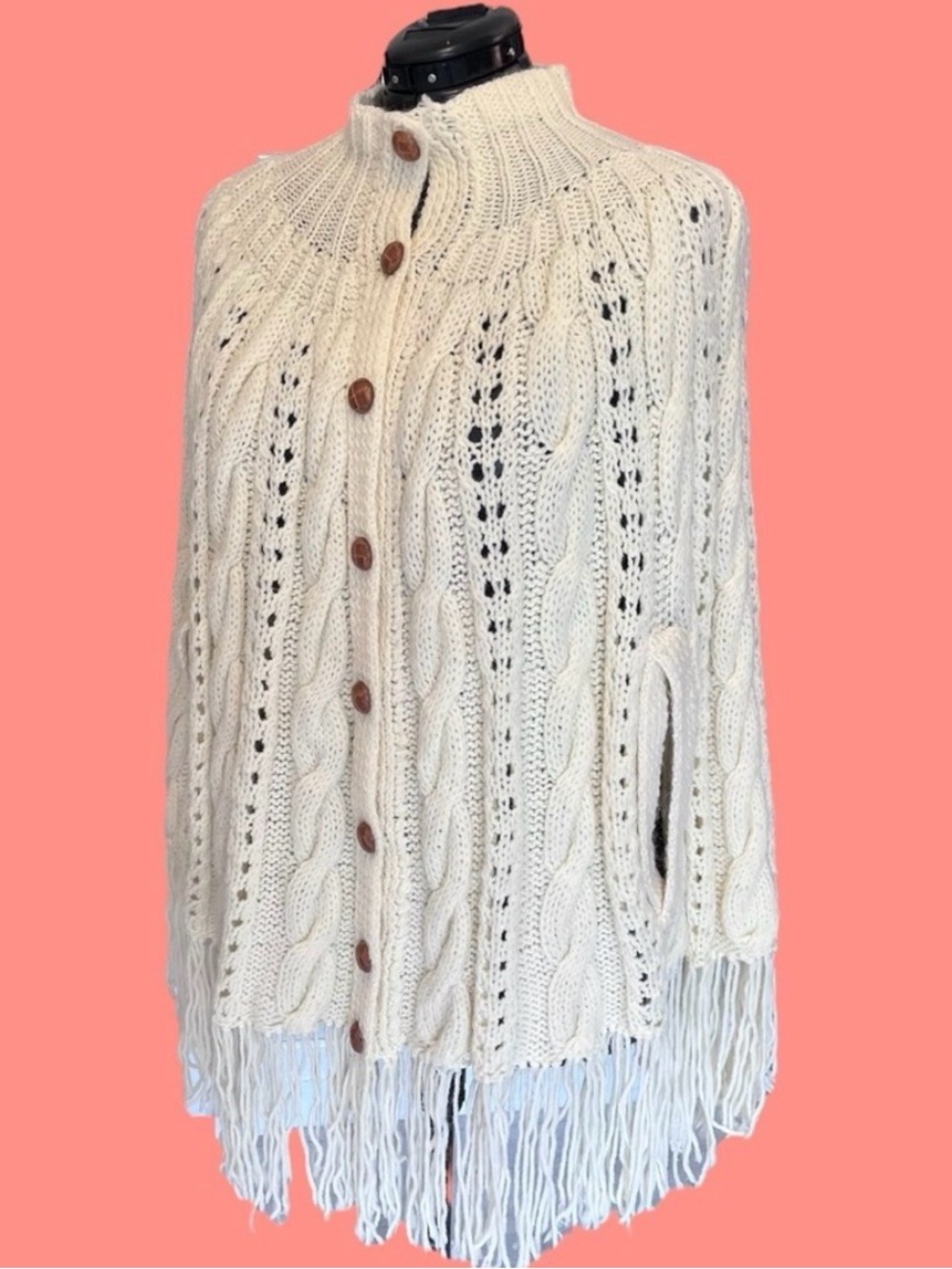 Fisherman’s Cable Knit Handmade Traditional Aran Poncho Wrap in Cream